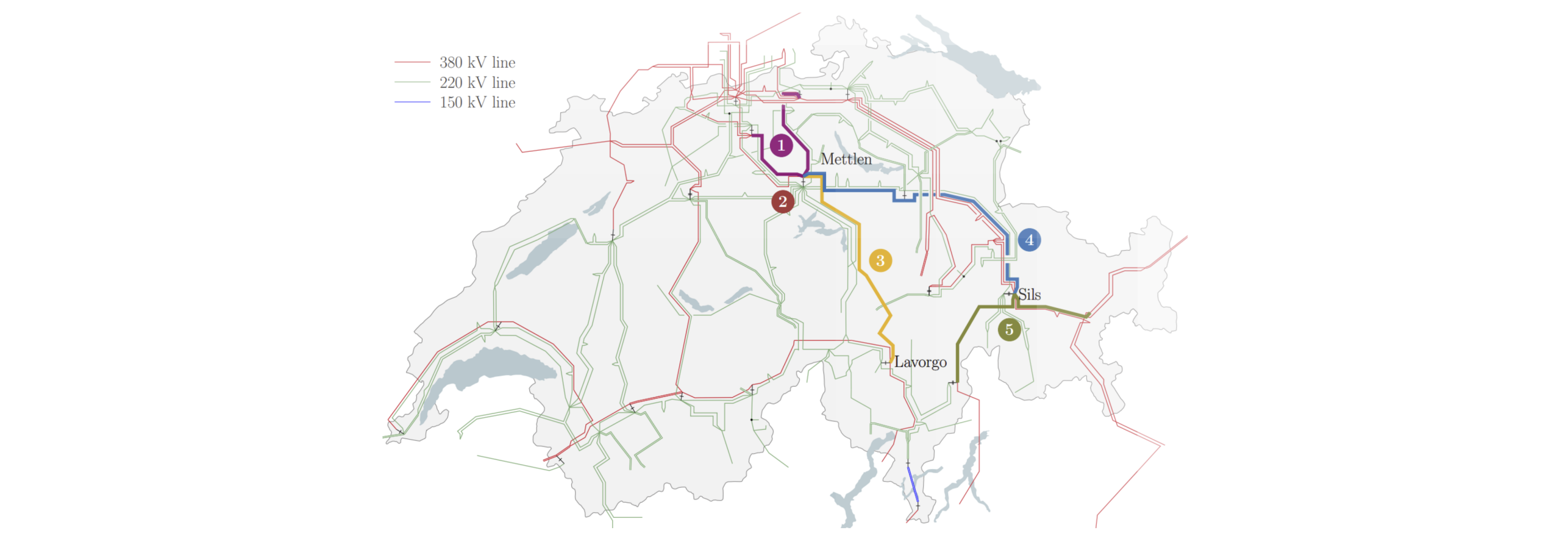 Schweizer Übertragungsnetz mit verschiedenen möglichen Standorten für hybride AC/DC-Leitungen.